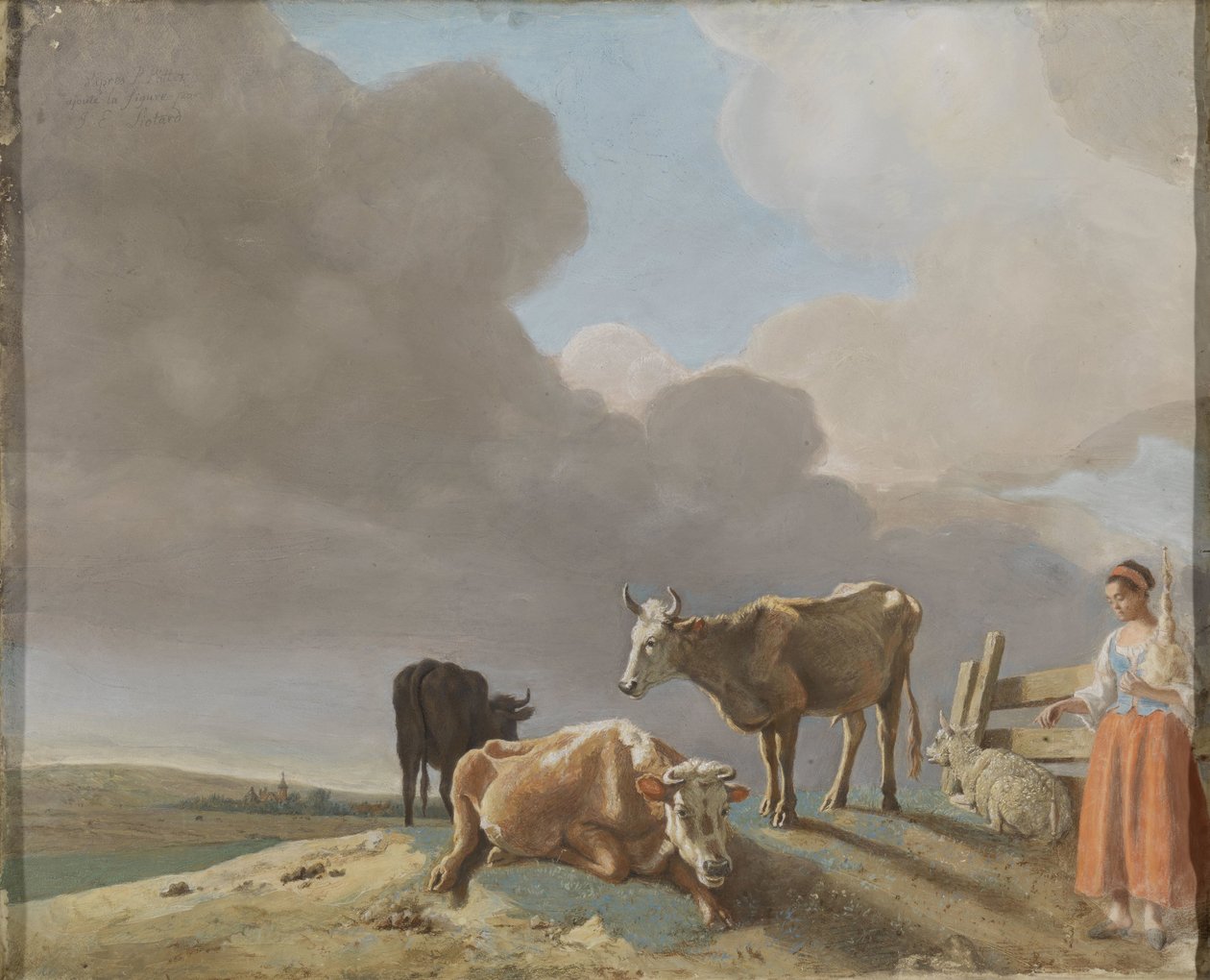 Paisagem com vacas, ovelhas e pastora, cópia alterada após um quadro de Paulus Potter, a pastora copiada de um quadro de Karel Dujardin (recto); retrato inacabado de um homem (verso) de Jean Étienne Liotard