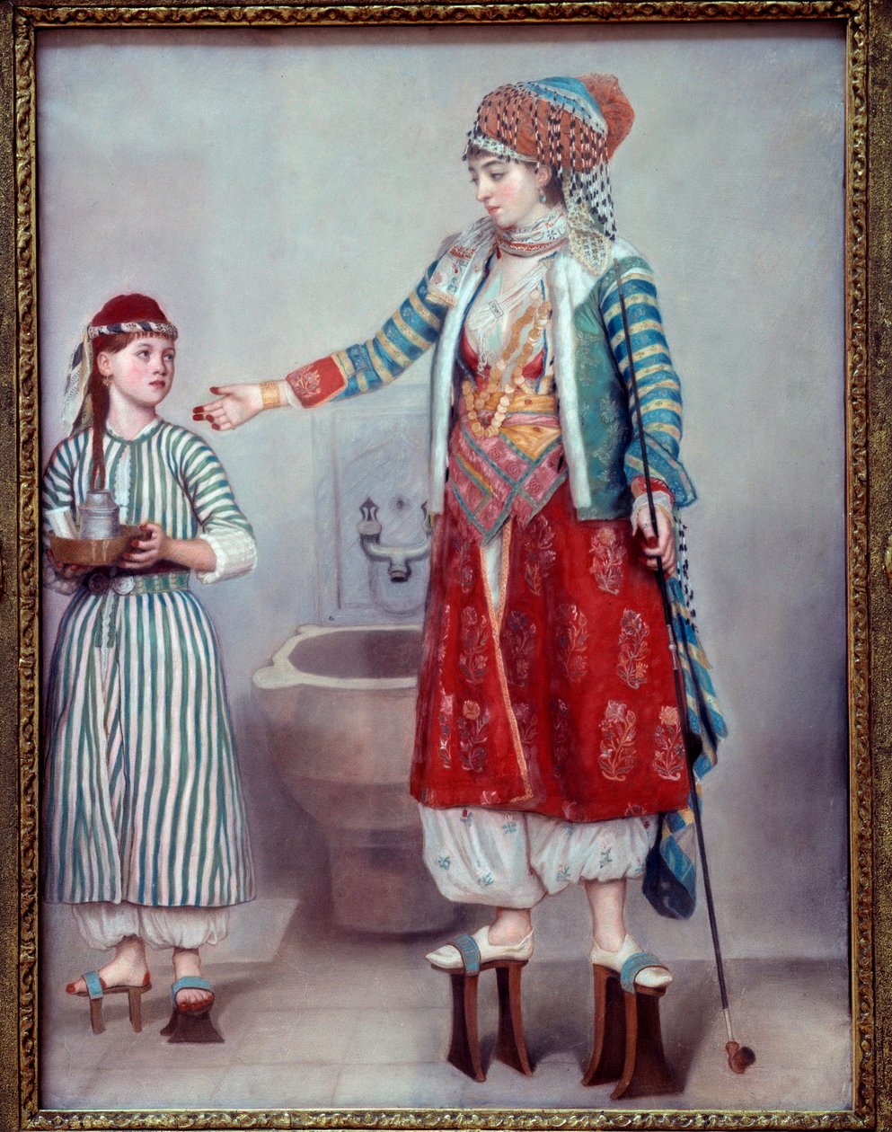 Orientalismo: "Franco senhora vestida com o turco e sua escrava" As duas mulheres usam plataformas de madeira usadas no hammam. Pintura em pastel de Jean Etienne Liotard (1702-1789) 1742 Dim. 0,71 x 0,53 m Genebra, musee d