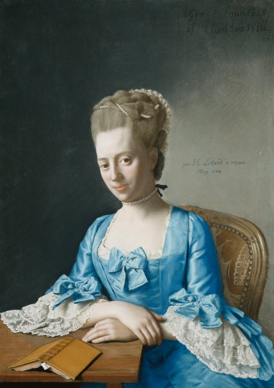 Retrato de Grace, condessa de Clanbrassil, nee Foley, metade do comprimento, em um vestido azul, sentado à mesa, com as mãos cruzadas, 1774 de Jean Étienne Liotard