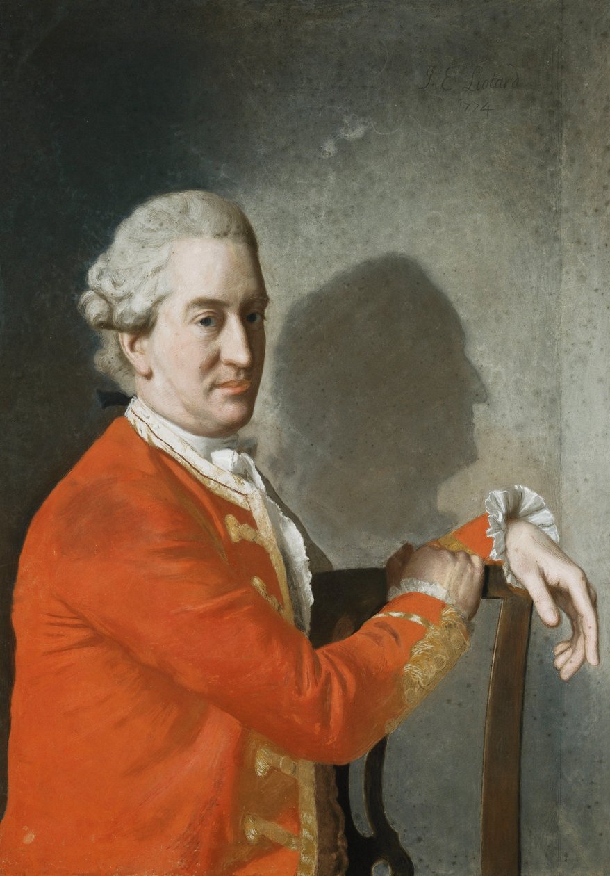 Retrato de James Hamilton, 2º Conde de Clanbrassil, meio comprimento, com um casaco vermelho, sentado em uma cadeira de mogno, seu perfil moldado em sombras na parede atrás, 1774 de Jean Étienne Liotard