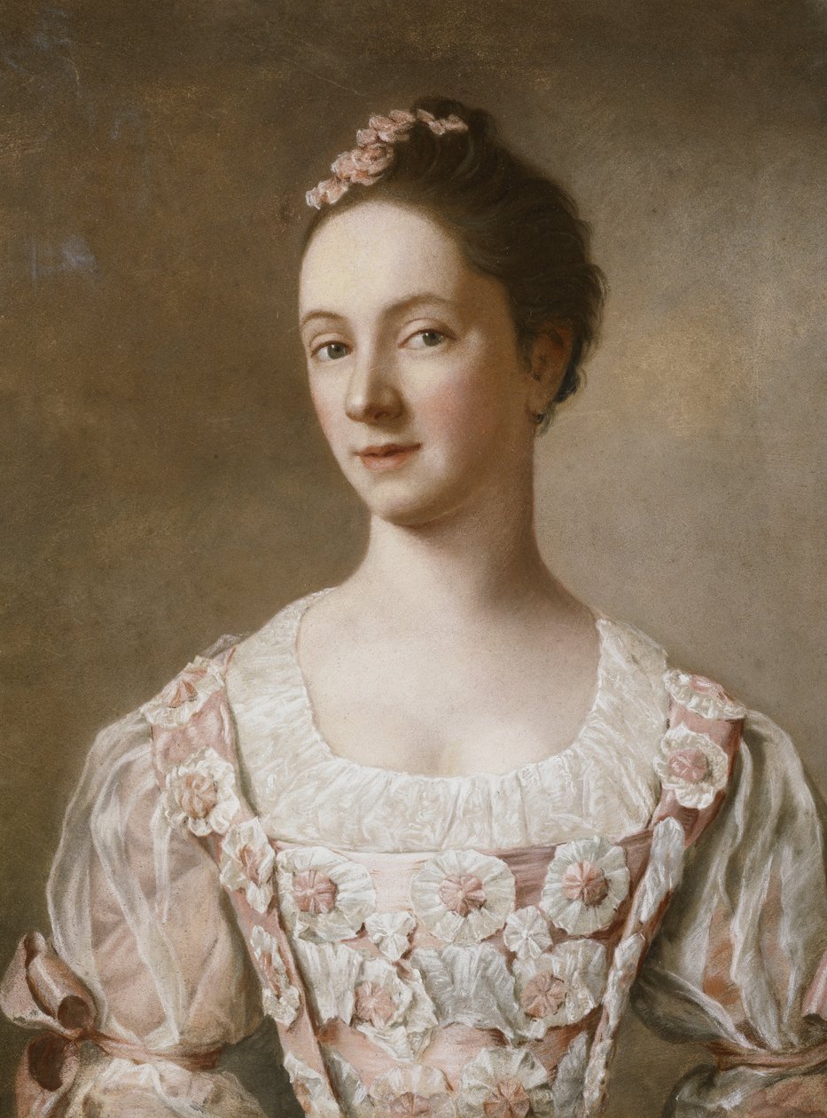 Retrato de uma senhora, meio comprimento, em um vestido rosa e branco, de Jean Étienne Liotard