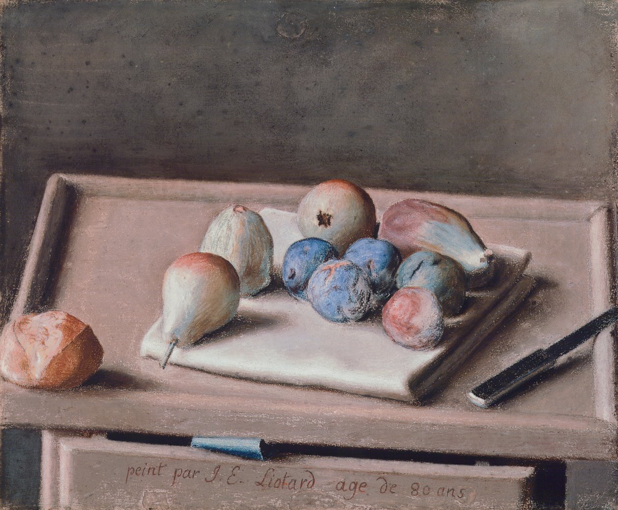 Natureza Morta com Pêras, Figos, Ameixas, Rolo de Pão e Faca na Mesa de Jean Étienne Liotard
