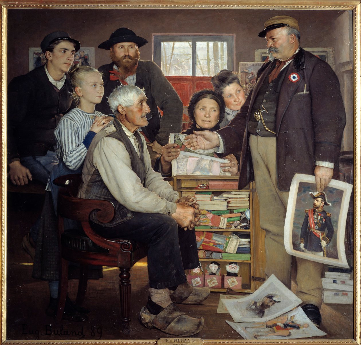 Cena de propaganda de padeiro. Um padeiro está a tentar convencer um velho agricultor a juntar-se à festa. Pintura de Eugene Buland (1852-1927) de Jean Eugene Buland