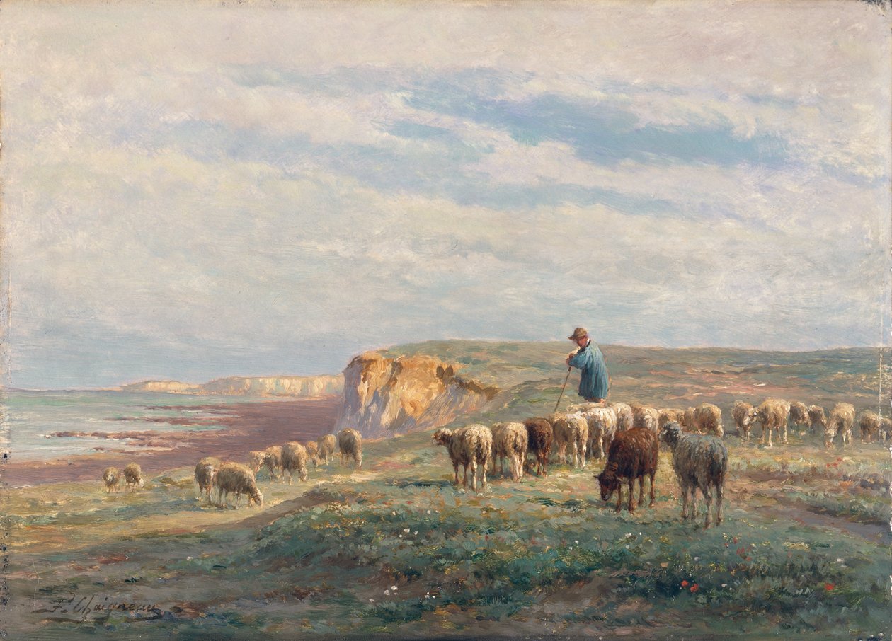 Um rebanho de ovelhas (óleo sobre painel) de Jean Ferdinand Chaigneau