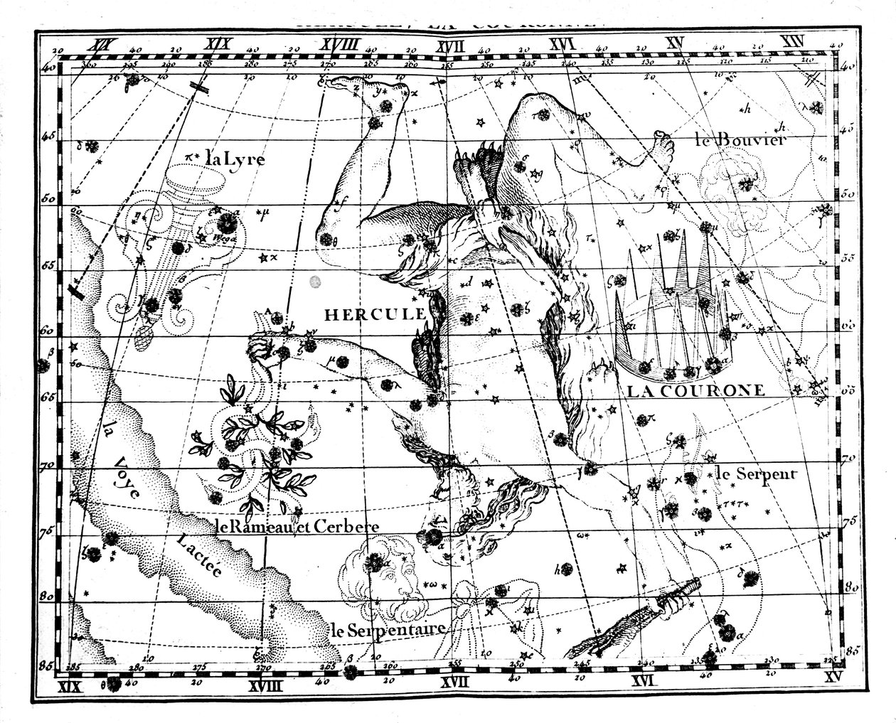 Mapa astronómico, centrado na constelação de Hércules, 1775 de Jean Fortin
