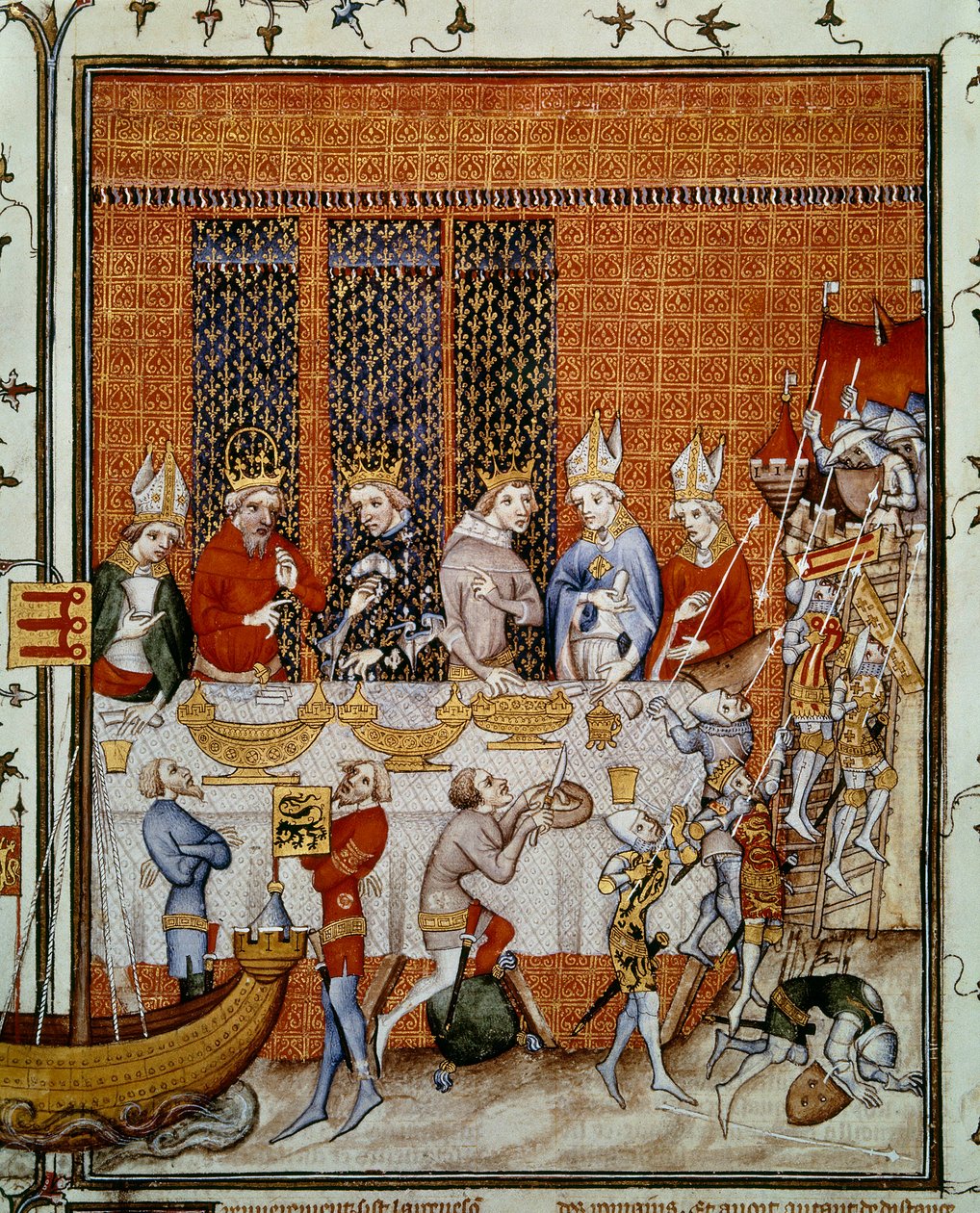 Banquete oferecido pelo Rei Carlos V da França (1338-1380) no Palácio do Cite em honra do Imperador Carlos IV (1316-1378) e Wencesla IV (1363-1419) rei de Boheme. Miniatura de "Grandes Crônicas da França" de Jean Fouquet (1420-1481), Paris, B.N. de Jean Fouquet