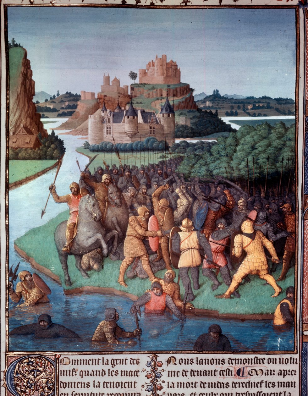 Batalha entre judeus e macedónios Miniatura tirada de "The Book of Ancient Jews" (Antiguidades Judaicas) de Jean Fouquet (1420-1481) Paris do século XV, B.N. de Jean Fouquet