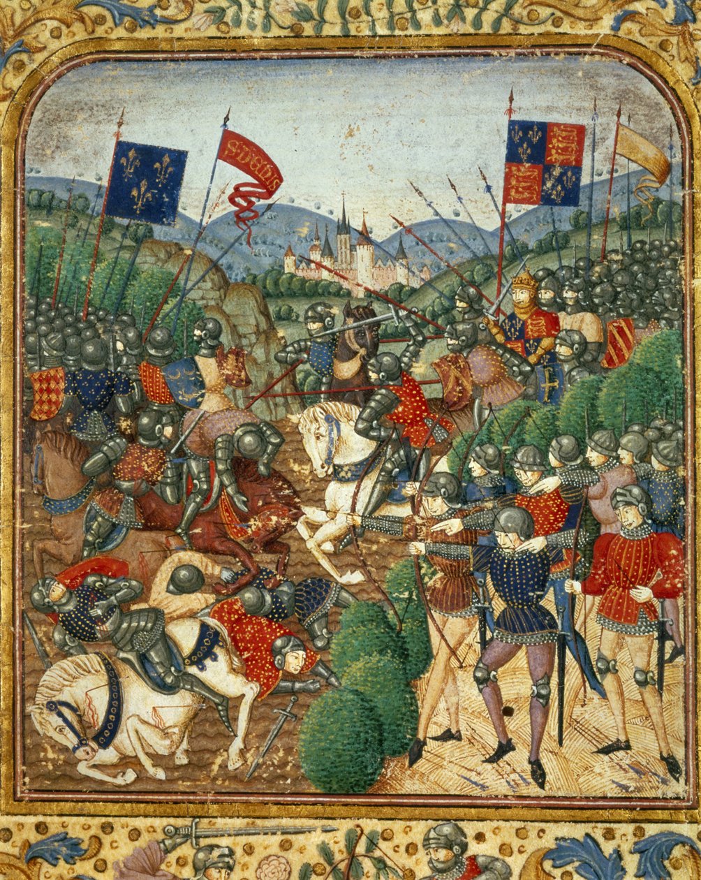 Batalha de Azincourt (1415). Durante a Guerra dos Cem Anos Henrique V da Inglaterra derrotou o partido francês Armagnacs - em "Grandes Crônicas da França" de Jean Fouquet, por volta de 1467 - 1476). Biblioteca Victoria & Albert de Jean Fouquet