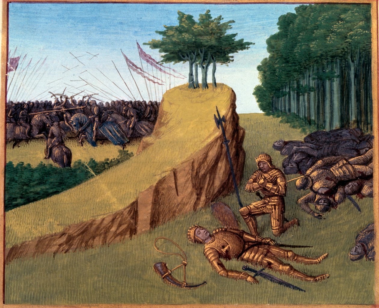 Batalha de Roncesvalaux (778). Roland morreu em Roncevaux. Miniatura em "Grandes Crônicas da França" (Folio 113) de Jean Fouquet (141.-147.) BN, Paris. de Jean Fouquet