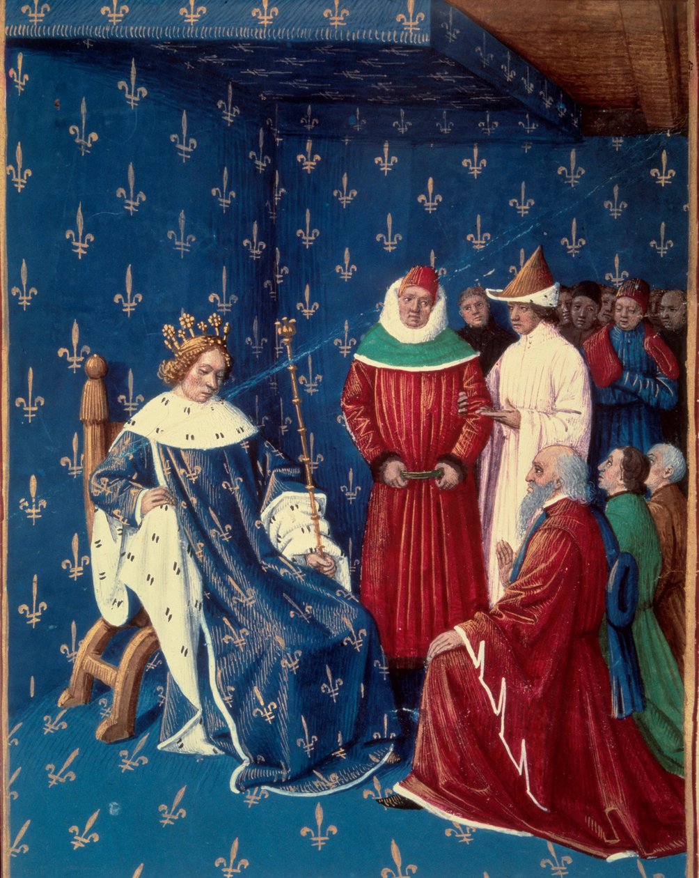 Carlos V (1338-1380) recebeu os embaixadores de Carlos IV (1316-1378), imperador do Sacro Império Germânico em 1377. Miniatura de um manuscrito de Jean Fouquet (1420-1481) de Jean Fouquet