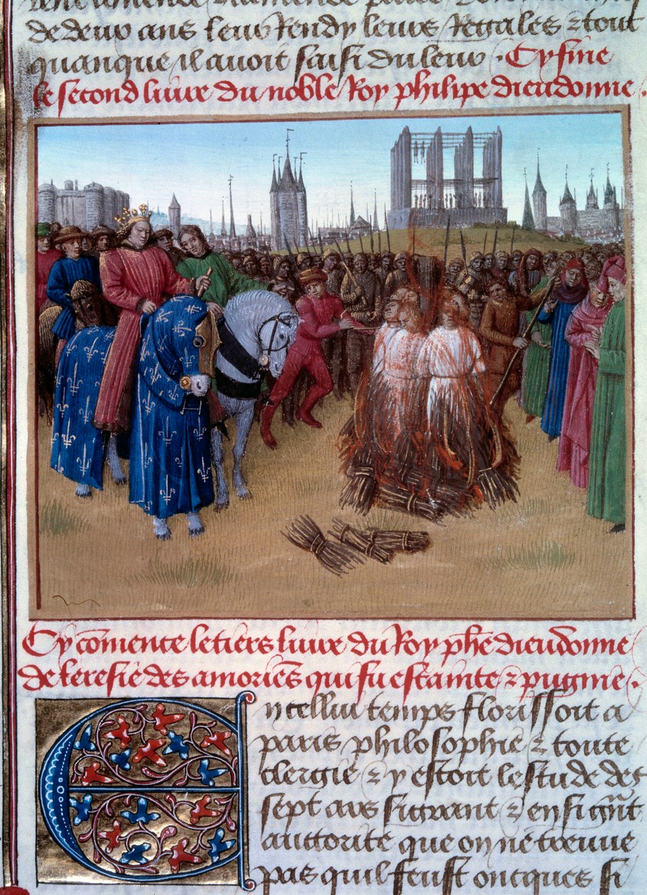 Condenação e tortura dos amadores (apoiantes de Amaury de Chartres, filósofo e teólogo francês do século XII) na presença de Filipe II conhecido como Philip Auguste (1165-1223). Manuscrito "Grandes Crônicas da França" (Fólio 236 de Jean Fouquet