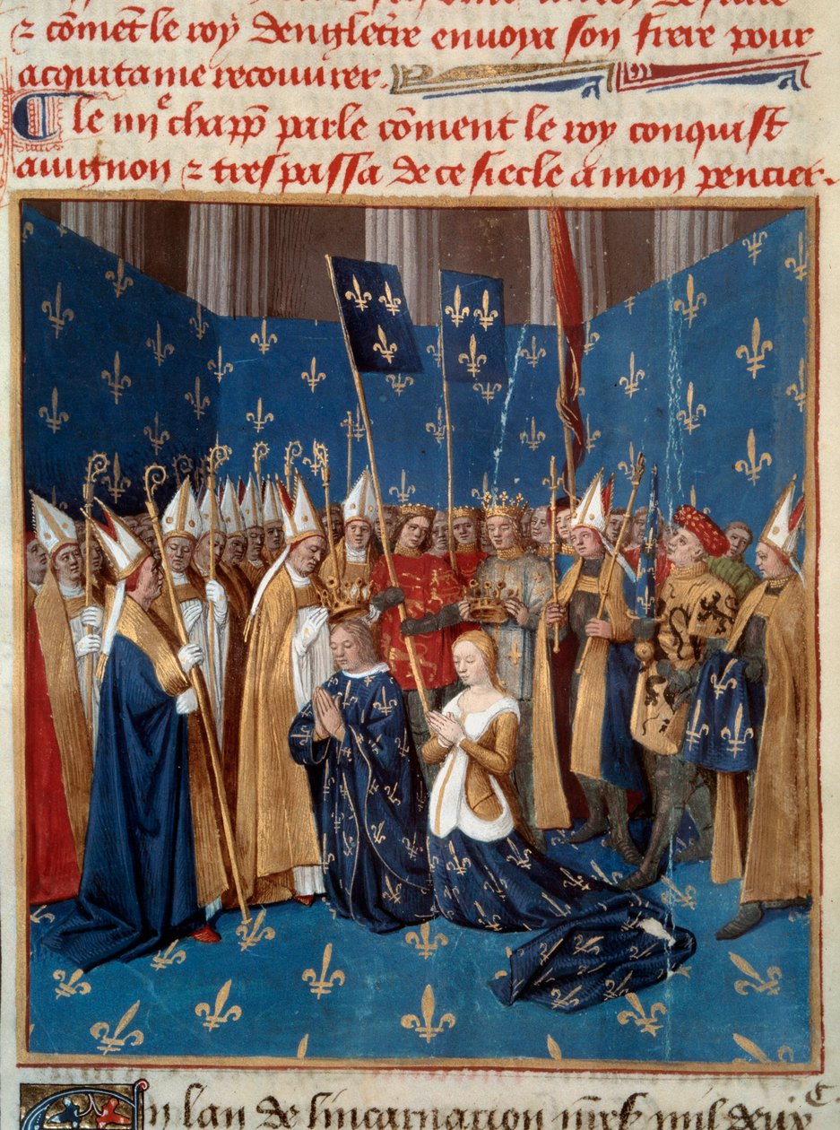 Coroação de Luís VIII (1187-1226) e Blanche de Castille (1188-1252) em Reims em 1224 Miniatura do manuscrito "Les Grandes Chronicles de France" de Jean Fouquet (1420-1481) do século XV. Paris, B.N. de Jean Fouquet