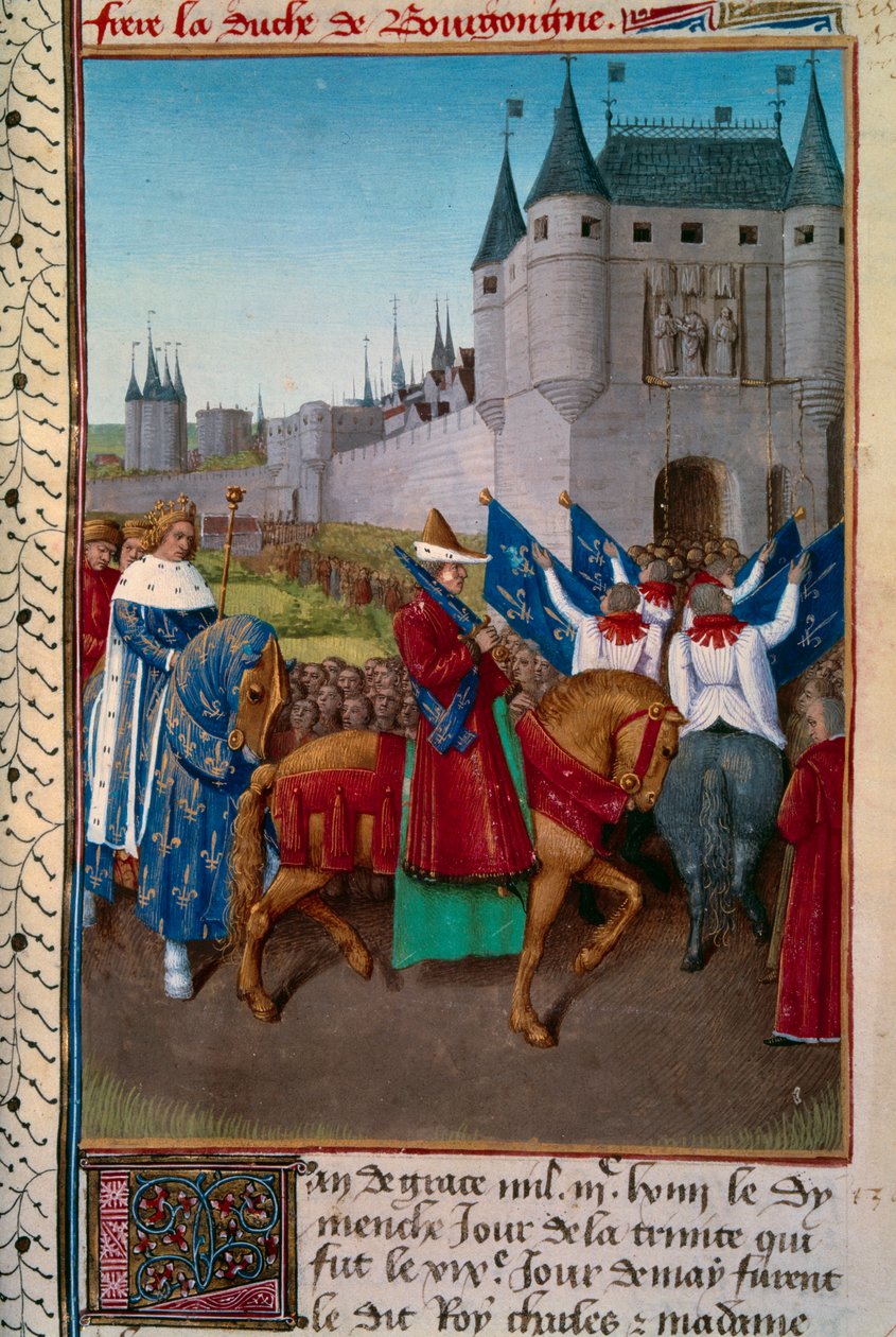 Entrada em Paris por Charles V (1338-1380) precedido por Robert de Fiennes (1308 - 1385) de Jean Fouquet