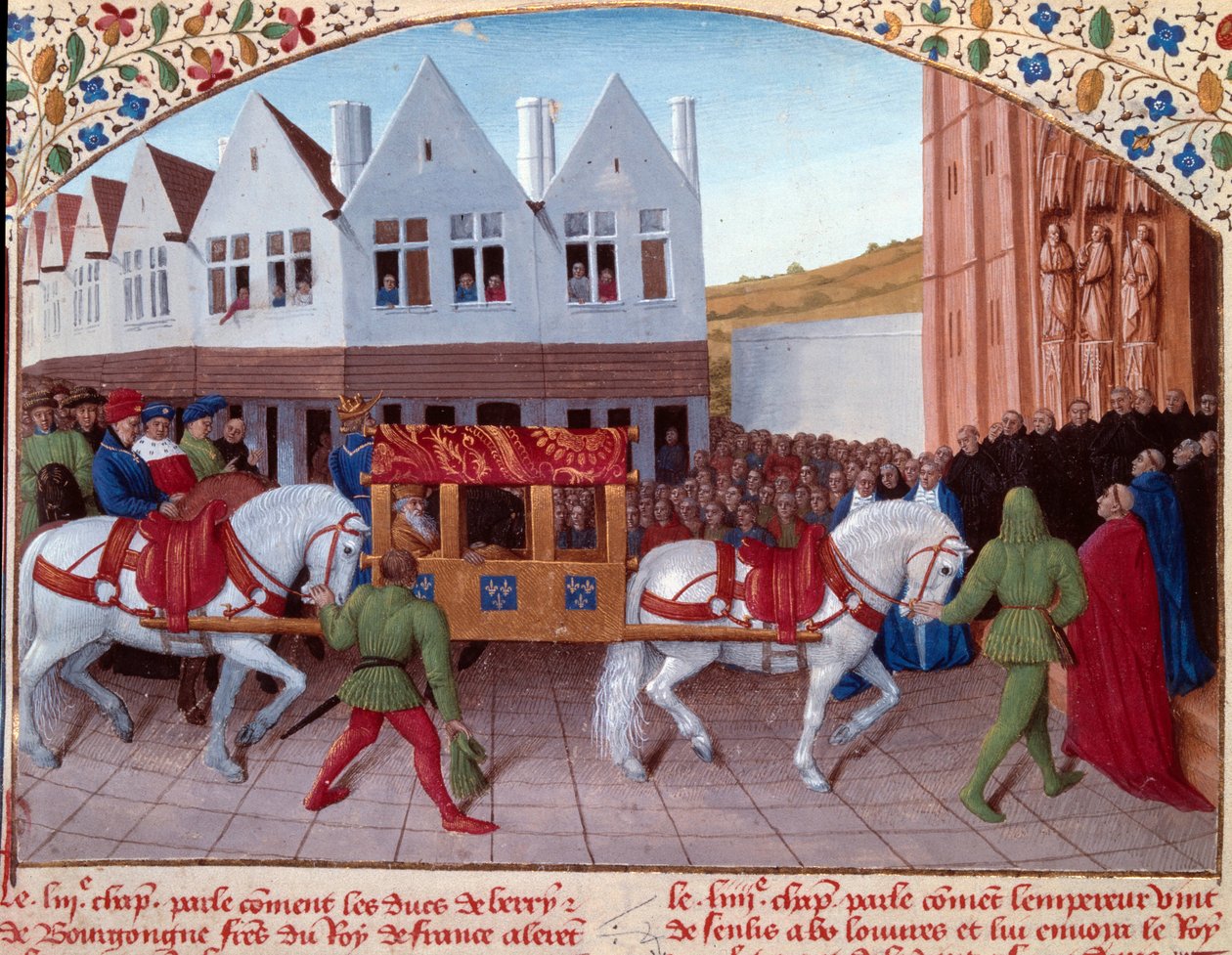 Entrada de Carlos IV (1316-1378) imperador alemão em 1378 em Saint-Denis. Miniatura de "Grandes Crônicas da França" (Folio 442). Enlumine de Jean Fouquet (século XV) de Jean Fouquet