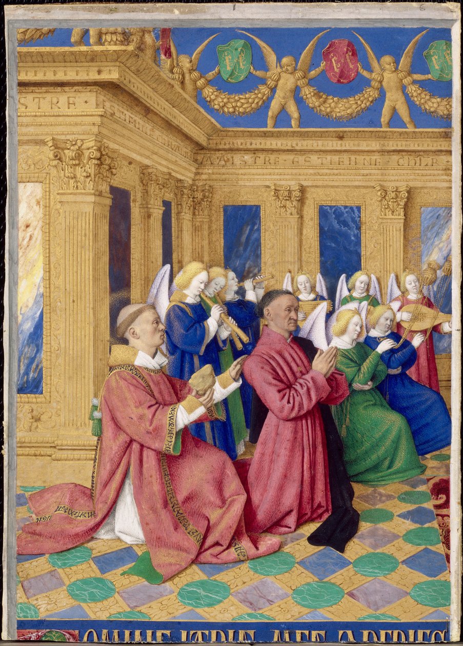 Étienne Chevalier e o seu santo padroeiro Saint Étienne, miniatura das Horas de Étienne Chevalier de Jean Fouquet
