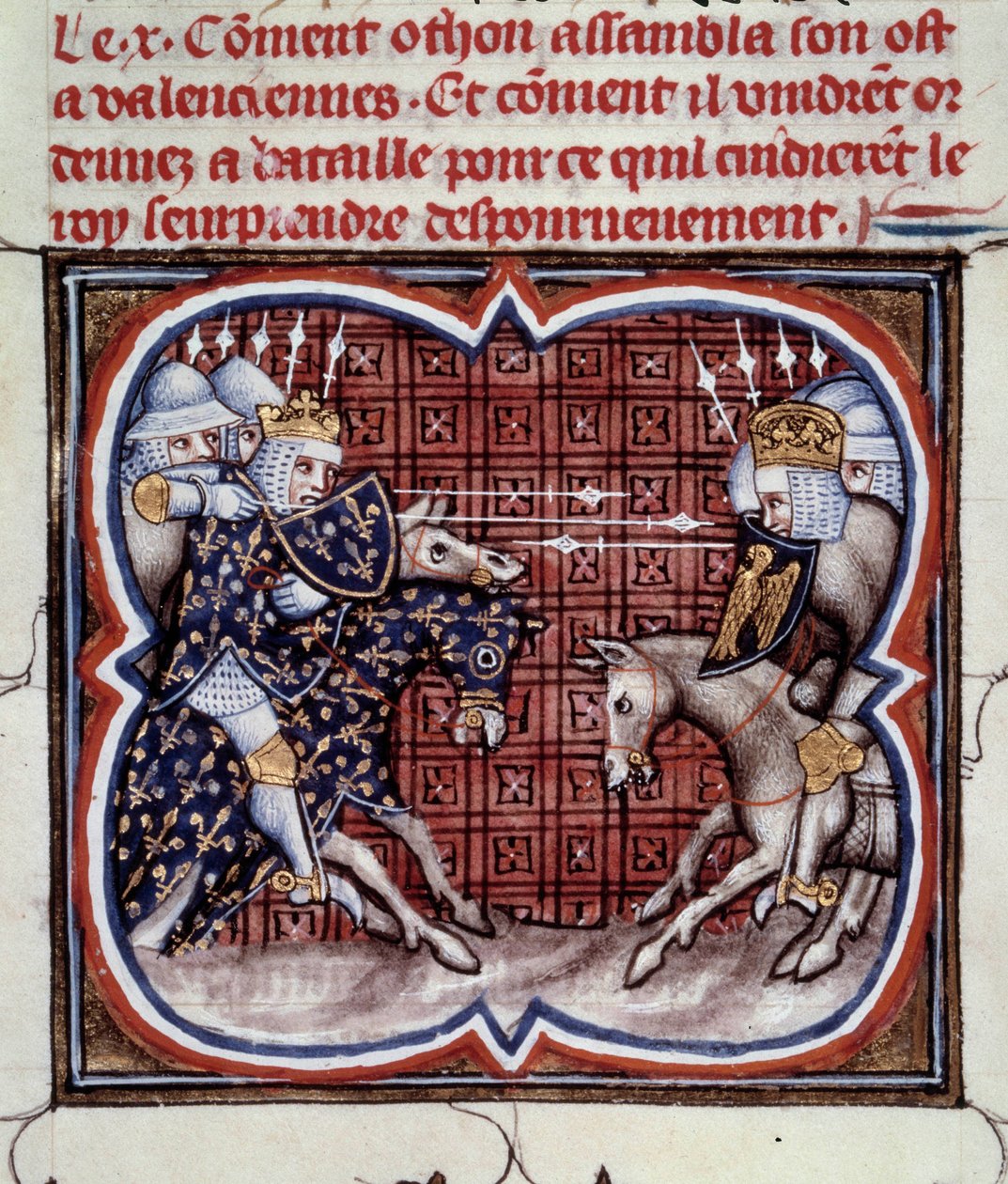 Guerra Franco-Inglesa (1202-1214): a Batalha de Bouvines em 27/07/1214 entre o exército francês de Philippe Auguste e os flamengos e galeses de Othon IV. A vitória francesa foi decisiva para o resultado da guerra. Miniatura de "Grandes Crónicas de França"  de Jean Fouquet