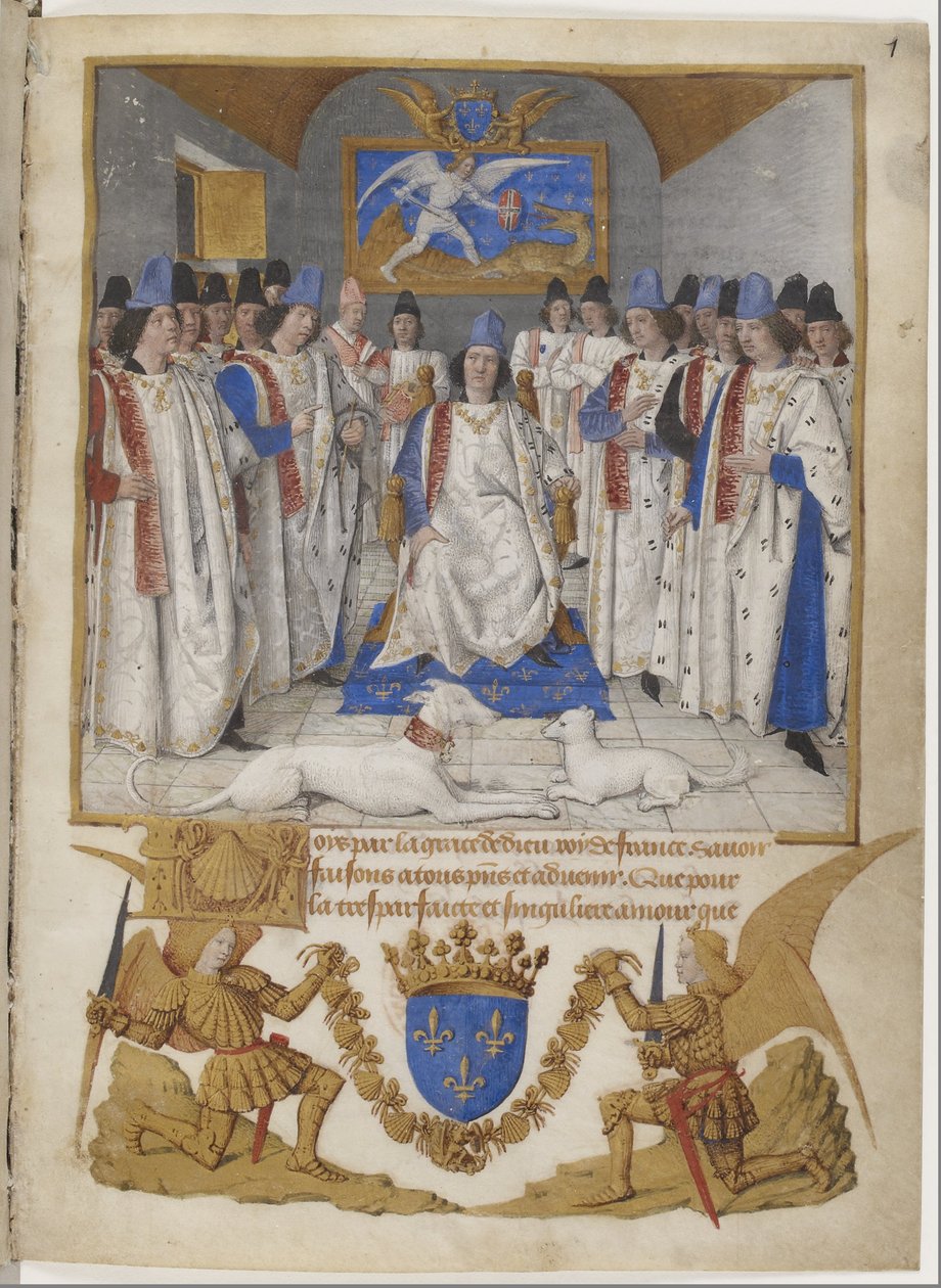 Frontispício dos Estatutos da Ordem de São Miguel, um exemplar destinado a Luís XI. de Jean Fouquet