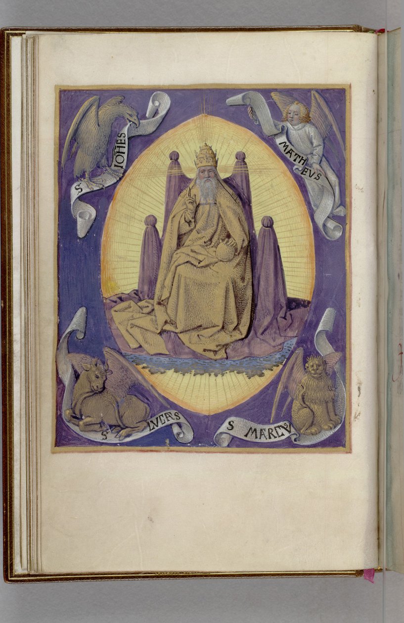 Deus Pai com símbolos dos quatro evangelistas nos cantos. Livro de Horas, 1450-1499 de Jean Fouquet