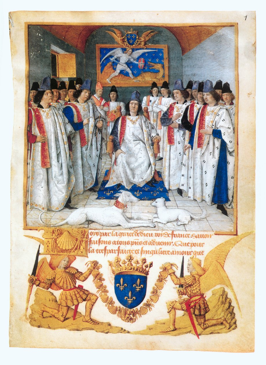 O rei Luís XI preside a uma reunião capitular da ... (manuscrito iluminado) de Jean Fouquet