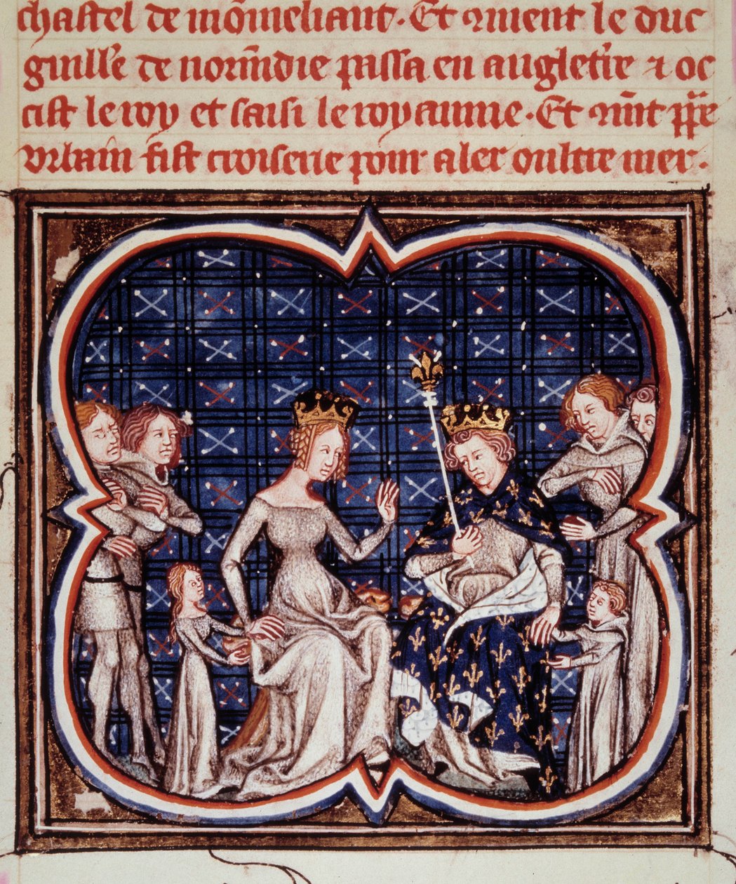 Rei da França Filipe I (1052-1108) com sua esposa Berthe de Hollande e seus filhos Constance da França (1078-1125) e Louis VI (1081-1137) Miniatura de "Les grandes chronicles de France" (ms. fr. 2813 fol. 182) 1375-1380 Paris, B.N. de Jean Fouquet