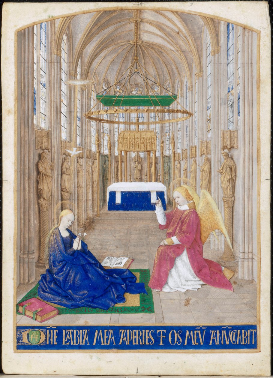 A Anunciação, miniatura das Horas de Étienne Chevalier. Ofício do Espírito Santo, Matinas de Jean Fouquet