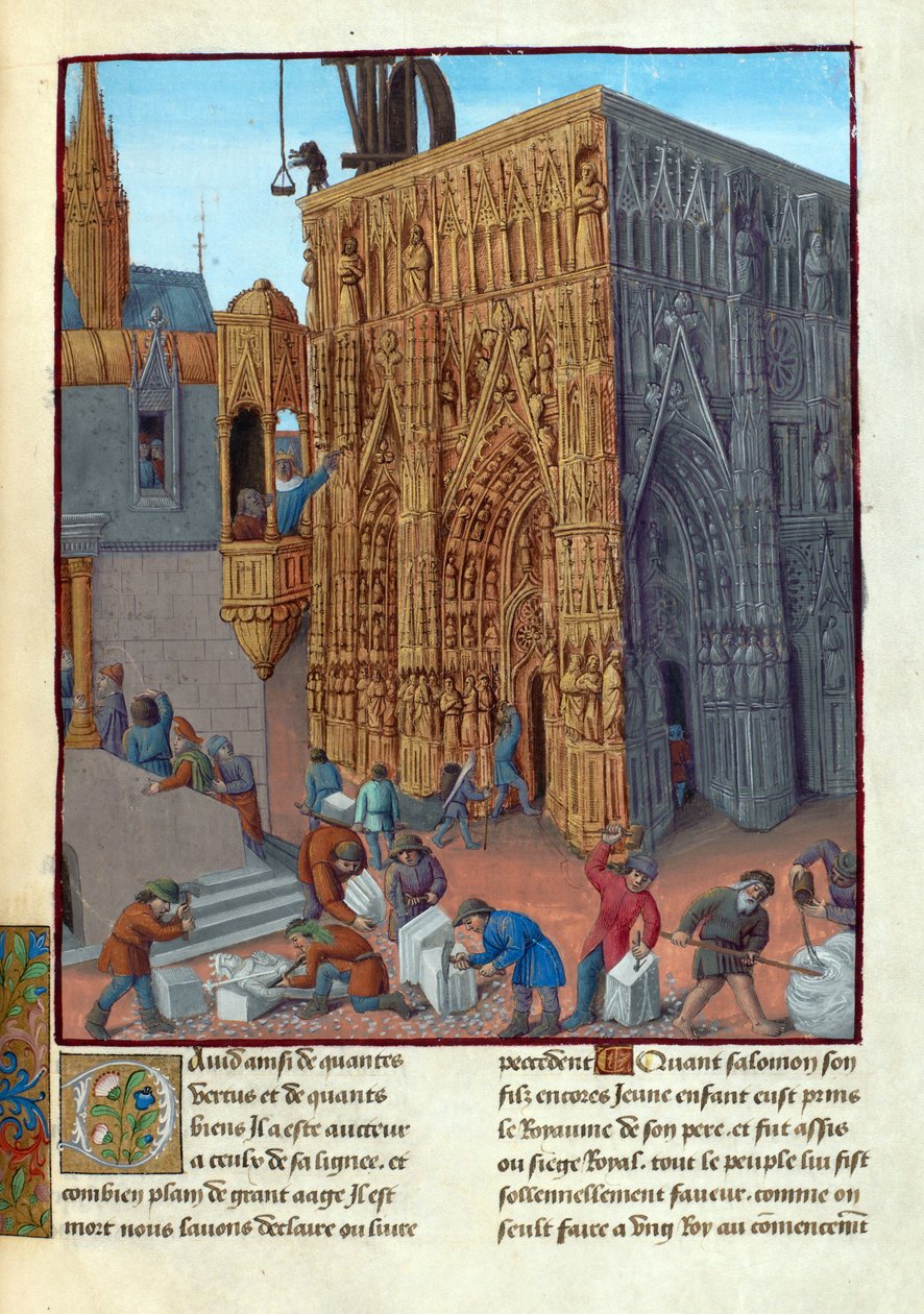 La construction du temple de Salomon - O edifício do templo de Salomão. Ilustração em Flavius Josephus "Antiquities of the Jews" (Antiquitatum Iudaicarum) par Fouquet, Jean (1420-1481). Gouache em pergaminho, Final do 15º cen., Bibliotheque Nationale de Jean Fouquet