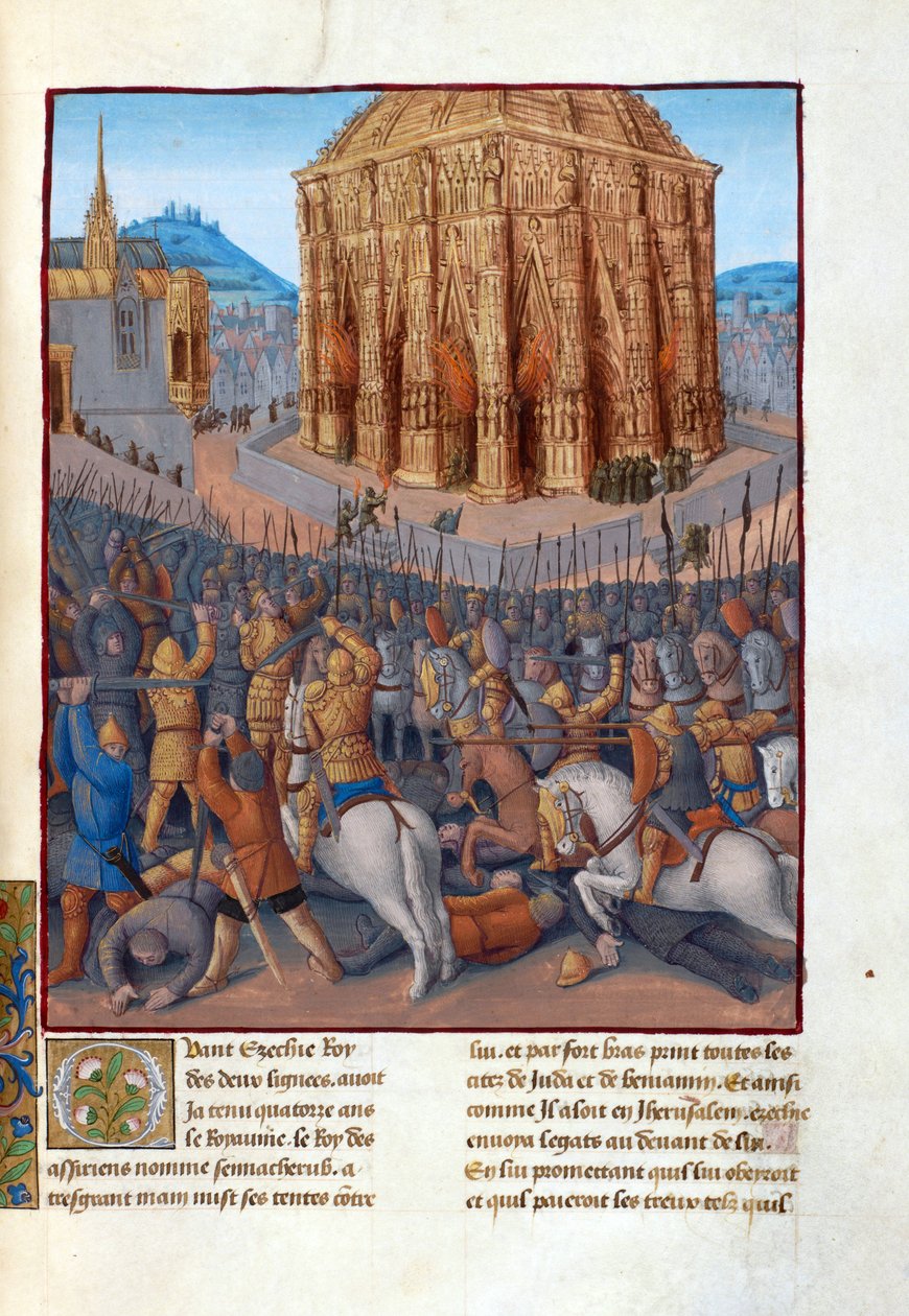 Le siege de Jerusalem par le roi de Babylone Nabuchodonosor II (604-562 avant JC) - Sítio de Jerusalém por Nabuchadnezzar II. Ilustração em Flavius Josephus "Antiquities of the Jews" (Antiquitatum Iudaicarum) par Fouquet, Jean (1420-1481). Gouache sobre pa de Jean Fouquet