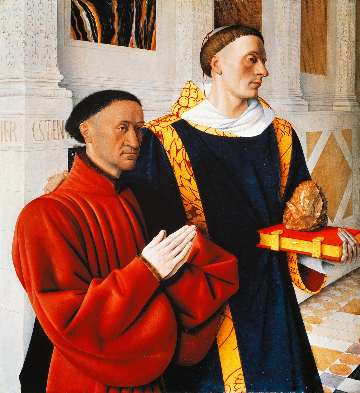 Painel da mão esquerda do Melun Diptych: Etienne Chevalier com o seu santo padroeiro, Santo Estêvão. de Jean Fouquet