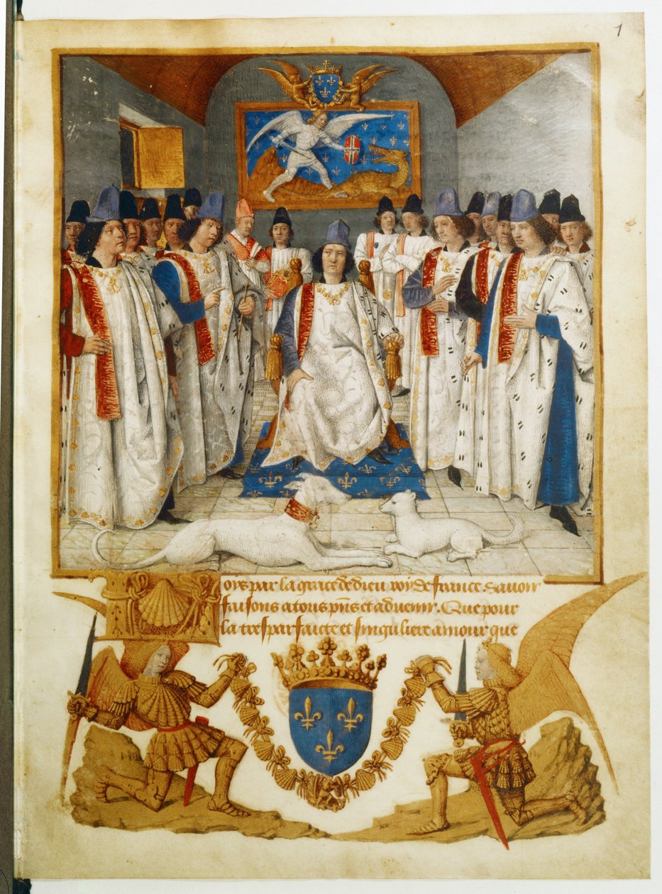 Luís XI a presidir a uma reunião da ordem de São Miguel ... de Jean Fouquet