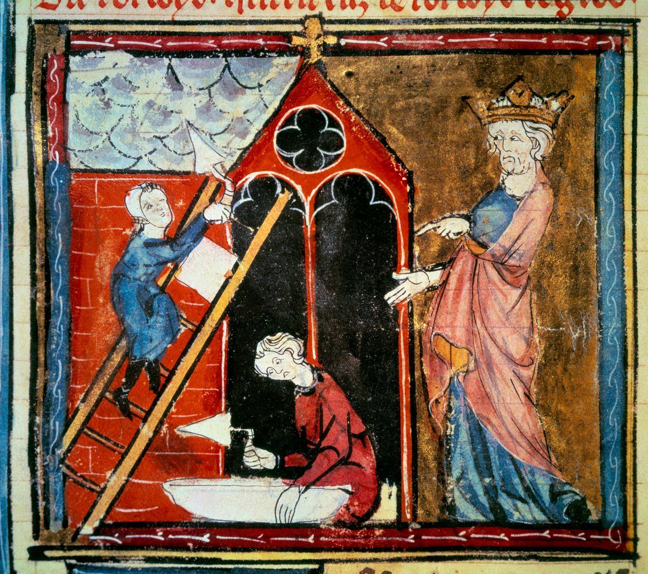 Louis vi le gros (1081 - 1137) supervisionando a construção de um edifício. Miniatura em "Grandes Cronos de França" de Jean Fouquet (1420-1481) de Jean Fouquet