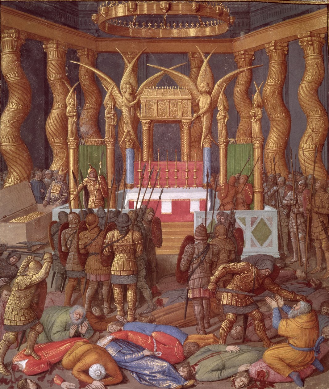 Sra. Pe 247 f.293 Profanação do Templo de Jerusalém em 63 aC por Pompeu e seus soldados, ilustração de &39;Antiquites Judaiques&39;, c.1470 de Jean Fouquet