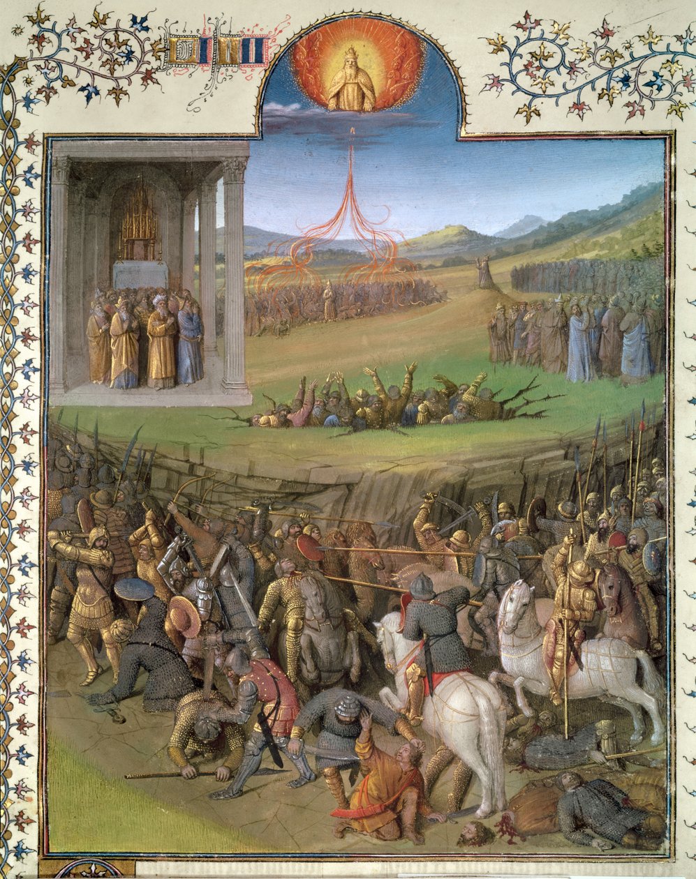 Sra. Fr 247 f.70 Batalha dos hebreus contra os cananeus e o castigo de Coré e os rebeldes, ilustração de &39;Antiquites Judaiques&39;, c.1470 de Jean Fouquet