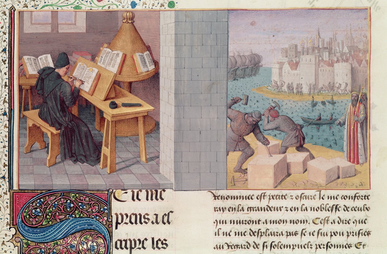 Ms.fr.273 fol.7 Lívio (59 aC-17 dC) Escrita e a Fundação de Roma, de &39;Os Anais do Povo Romano&39; traduzido por Pierre Bersuire, c.1475 de Jean Fouquet