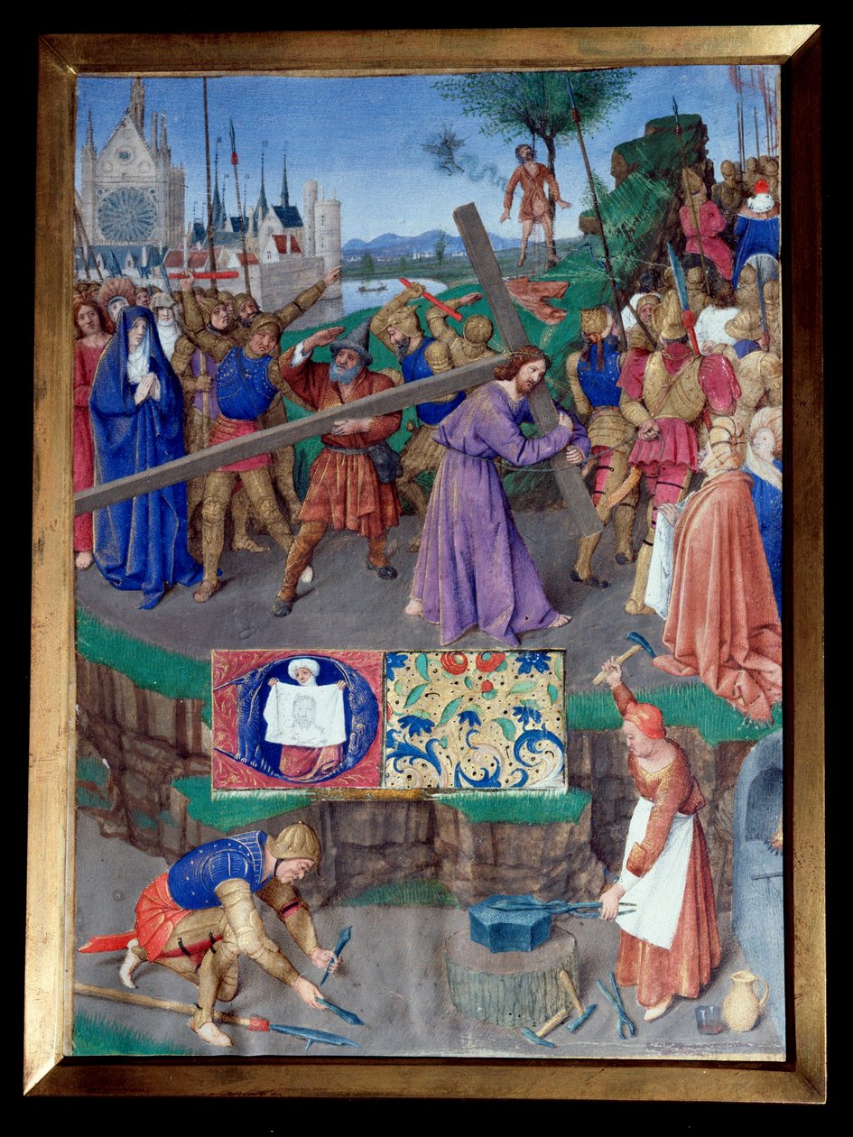 Portage de croix Miniature tirada do "Livro de Horas de Etienne Chevalier" de Jean Fouquet (1420-1477/1481) de Jean Fouquet