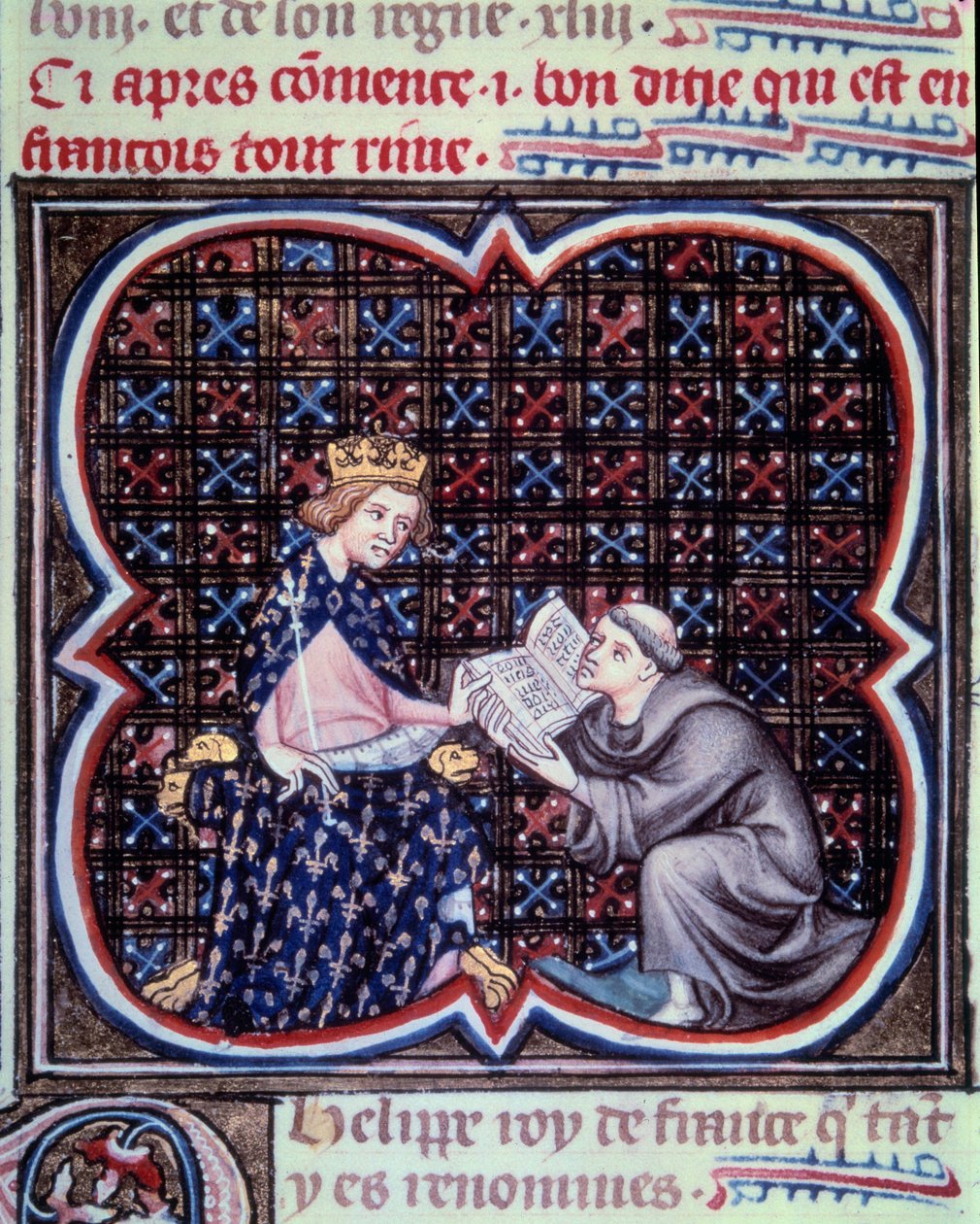 Primaz apresentando o texto das grandes crônicas da França a Filipe III (1245-1285). Miniatura do manuscrito de Jean Fouquet (1420 - 1481) "Grandes Crônicas da França". Paris. B N de Jean Fouquet
