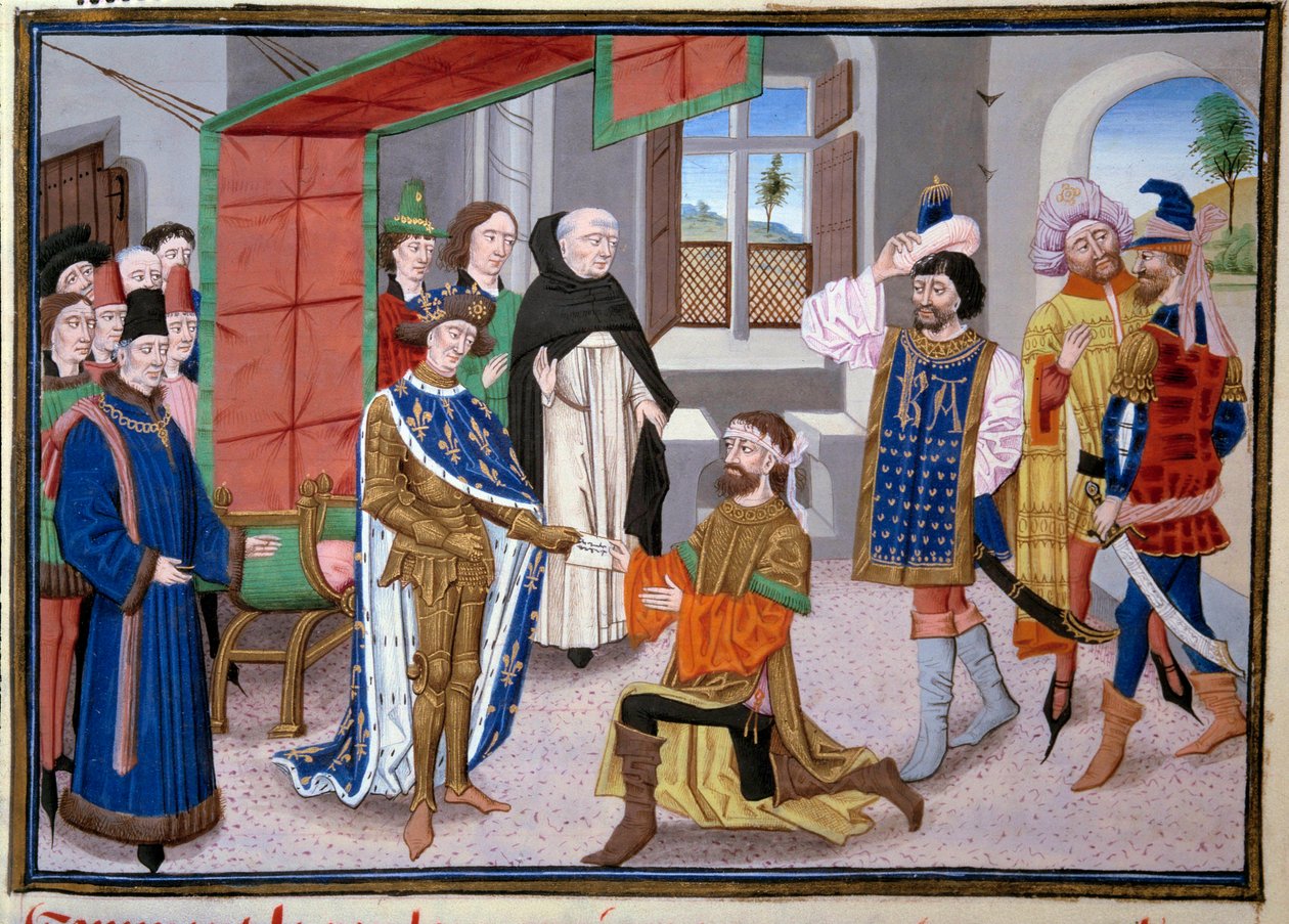Sétima Cruzada: Rei de França Saint Louis (ou Louis IX) (1214-1270) em Nicósia, no Chipre, por volta de 1245. Miniatura das "Grandes Crônicas" de Jean Fouquet (1420-1481). Paris, Biblioteca do Arsenal de Jean Fouquet