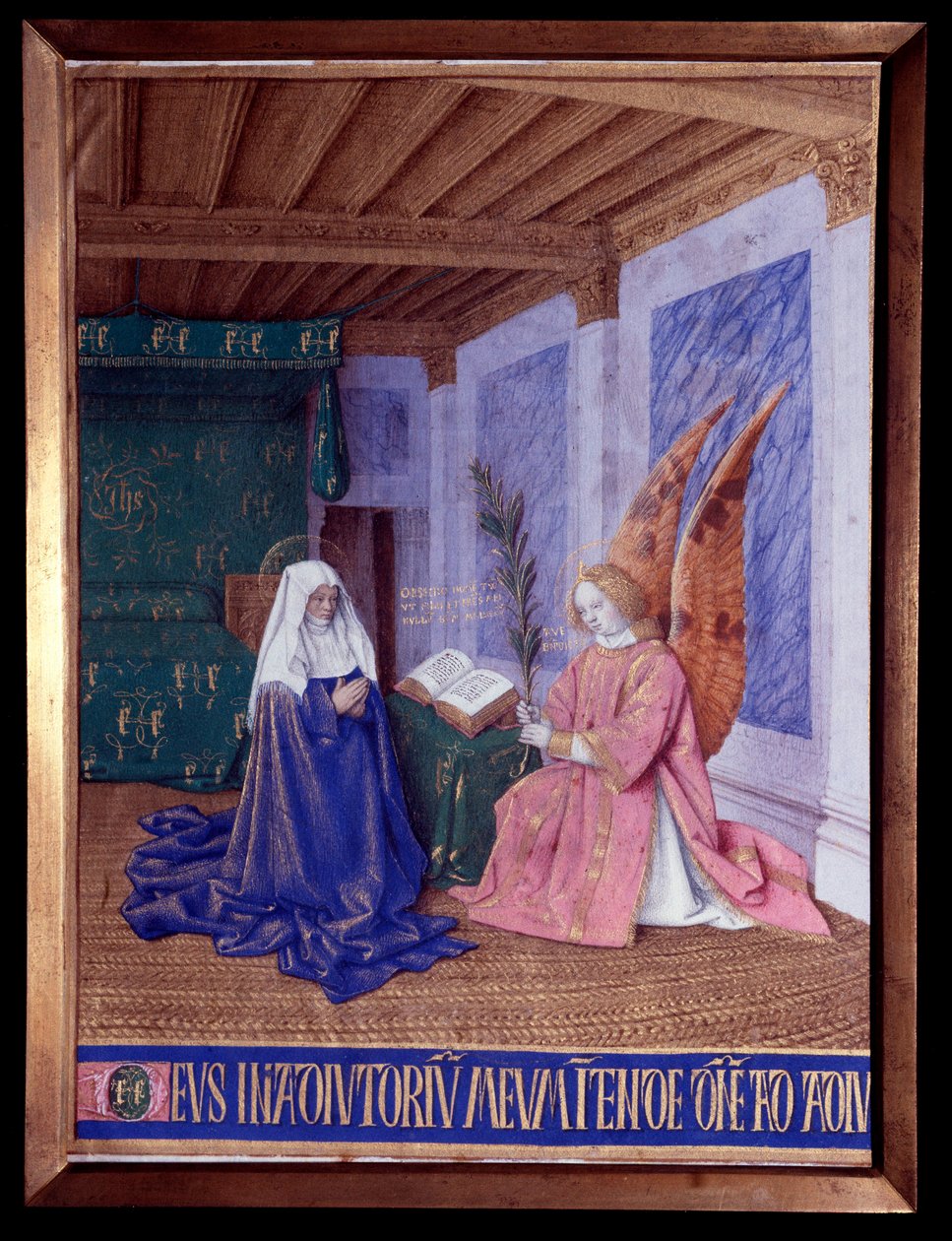 As Horas da Virgem: A Segunda Anunciação Miniatura em "As Horas de Etienne Chevalier" de Jean Fouquet (1420-1481) de Jean Fouquet