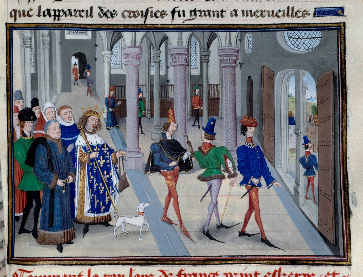 O Rei Saint Louis (Louis IX (1214-1270) apreciando sair do exterior" Miniatura de "Les Grandes Chronicles" de Jean Fouquet (1420-1481), Paris, Biblioteca do Arsenal de Jean Fouquet