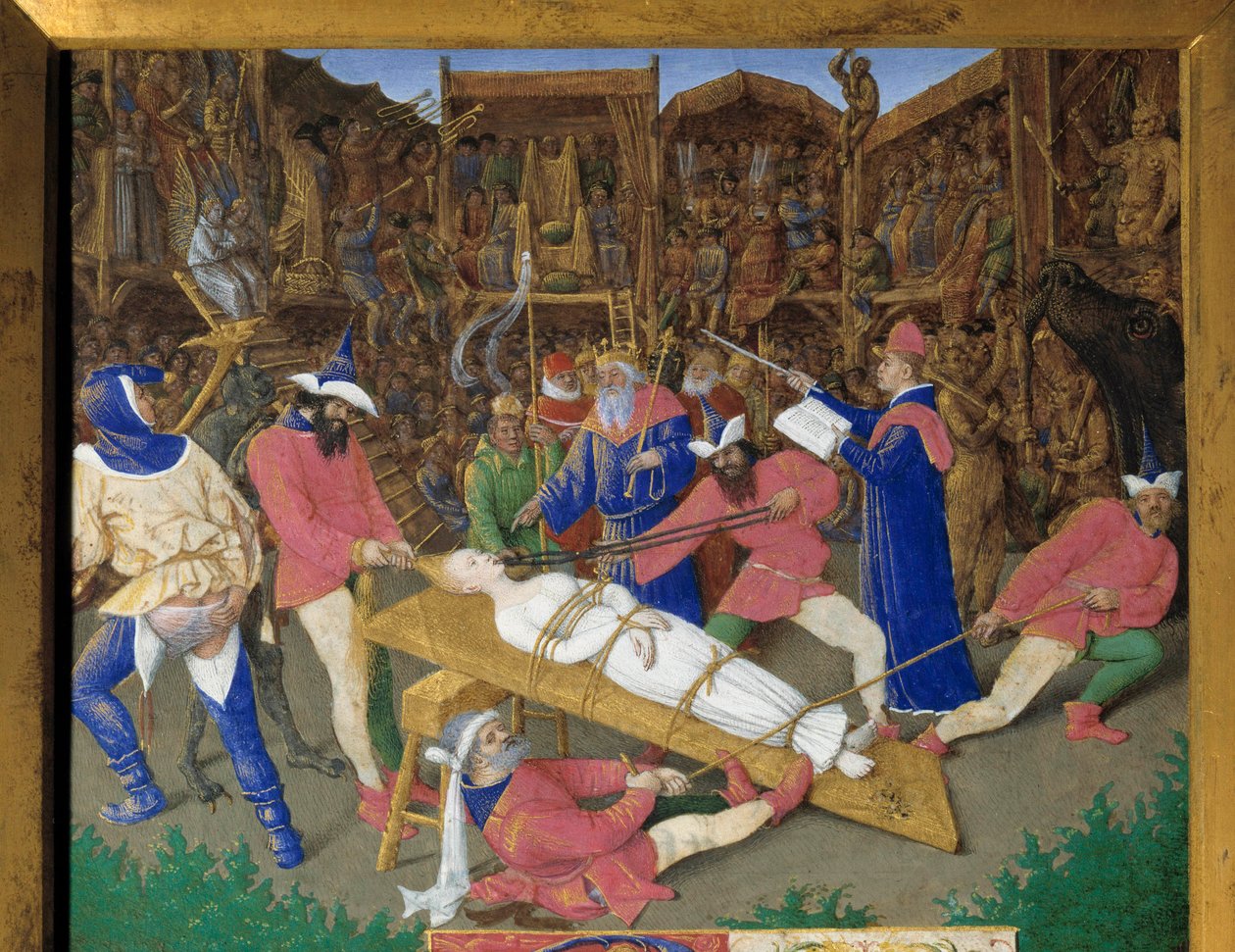 Os Votos dos Santos. Martírio de Santa Apolínea (ou Apolônia) A Santa Apolínea Cristã de Alexandria é torturada pelos Paianos em 249 d.C. Os carrascos puxam-lhe o cabelo e partem-lhe os dentes. O Imperador Dece é um espectador. Detalhe de uma miniatura tir de Jean Fouquet
