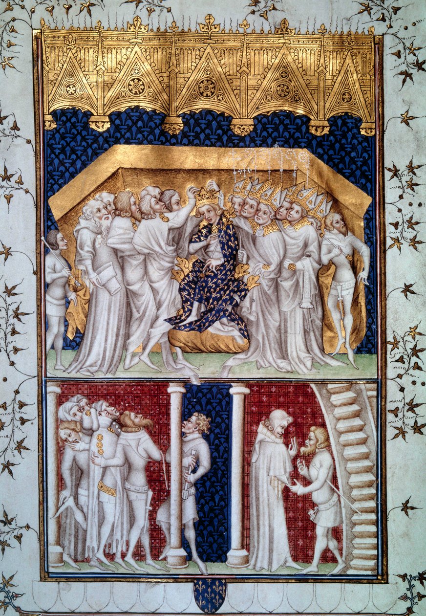 A coroação de Carlos VI (1368-1422) pelos pares da França, em 16/09/1380. Miniatura das Grandes Crônicas da França" por Jean Fouquet (1420-1481) Paris, B.N. do século XV. de Jean Fouquet