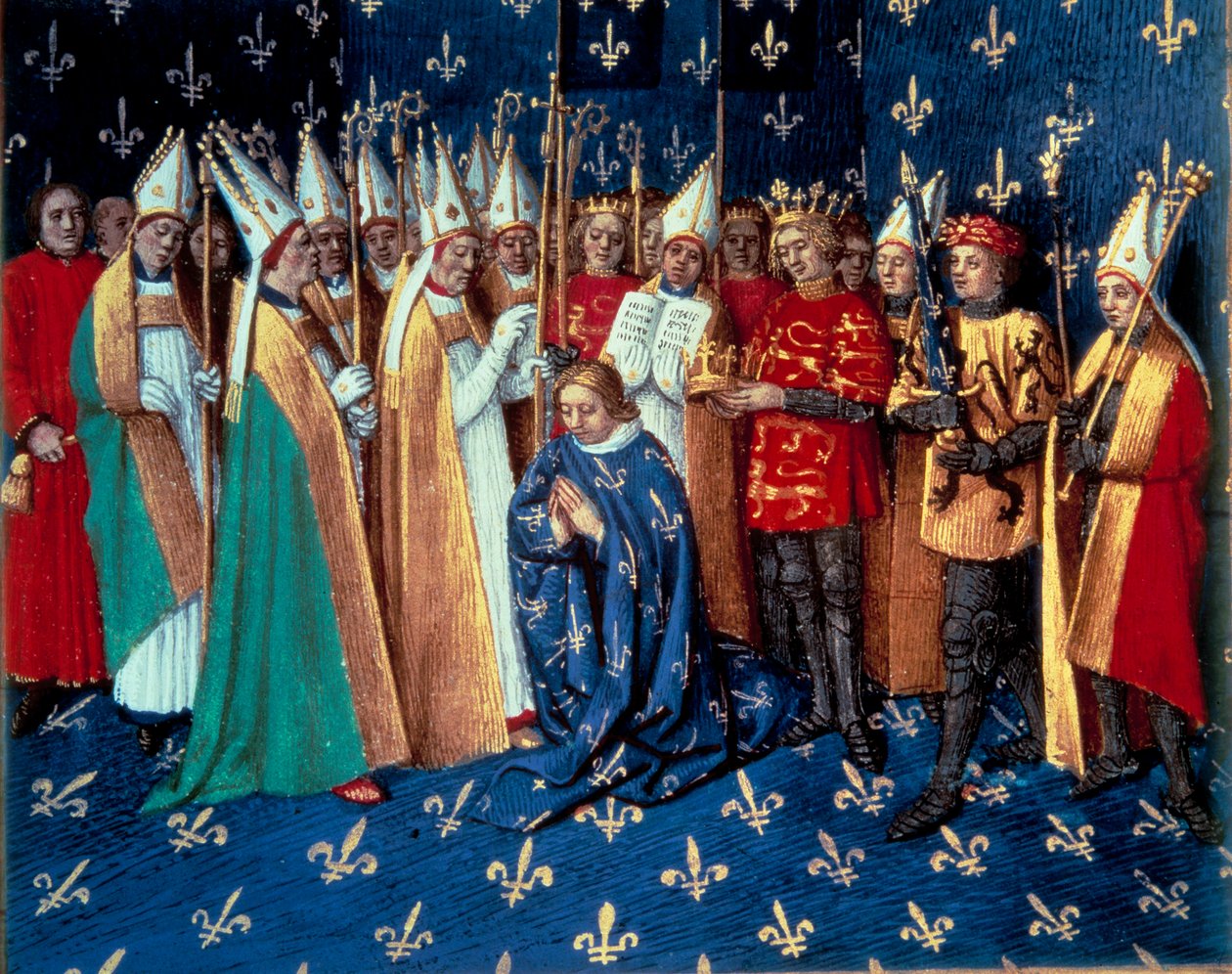 A coroação de Philippe Auguste em Reims em 1/11/1179. Miniatura de Chronicles of Saint Denis" de Jean Fouquet (1420-1481) século XV. Paris, B.N. de Jean Fouquet