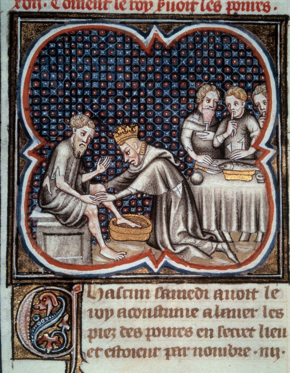 O pé do rei Luís IX (1214-1270) (São Luís): ele dá comida e lava os pés dos pobres. Miniatura do manuscrito "Les Grandes Chronicles de France" de Jean Fouquet (1420-1481), século XV. Paris, B.N. de Jean Fouquet