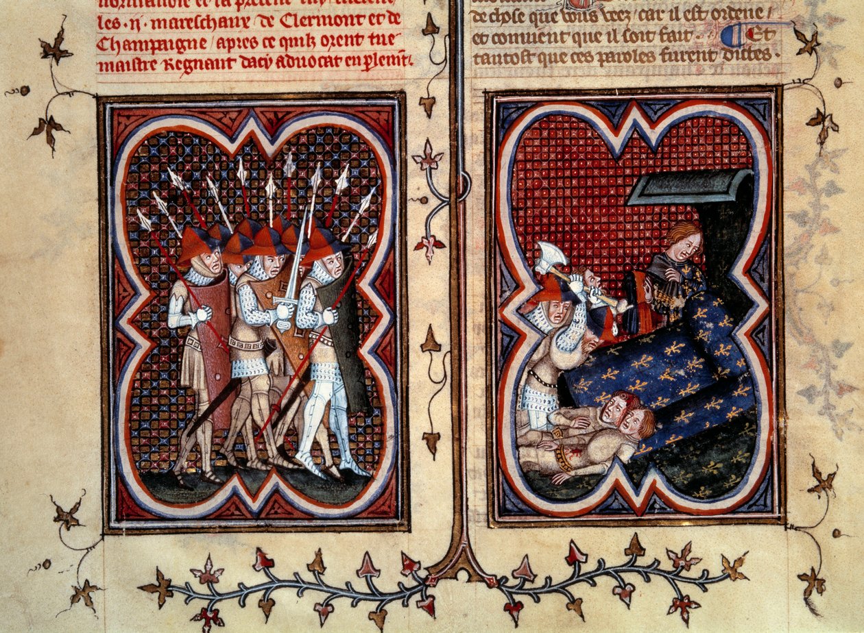 O marechaux Robert de Clermont e Jean de Conflans foram assassinados por Etienne Marcel (1315-1358) e seus homens no quarto do golfinho Charles (futuro Charles V) no Palais de la cite em 22 de fevereiro de Jean Fouquet