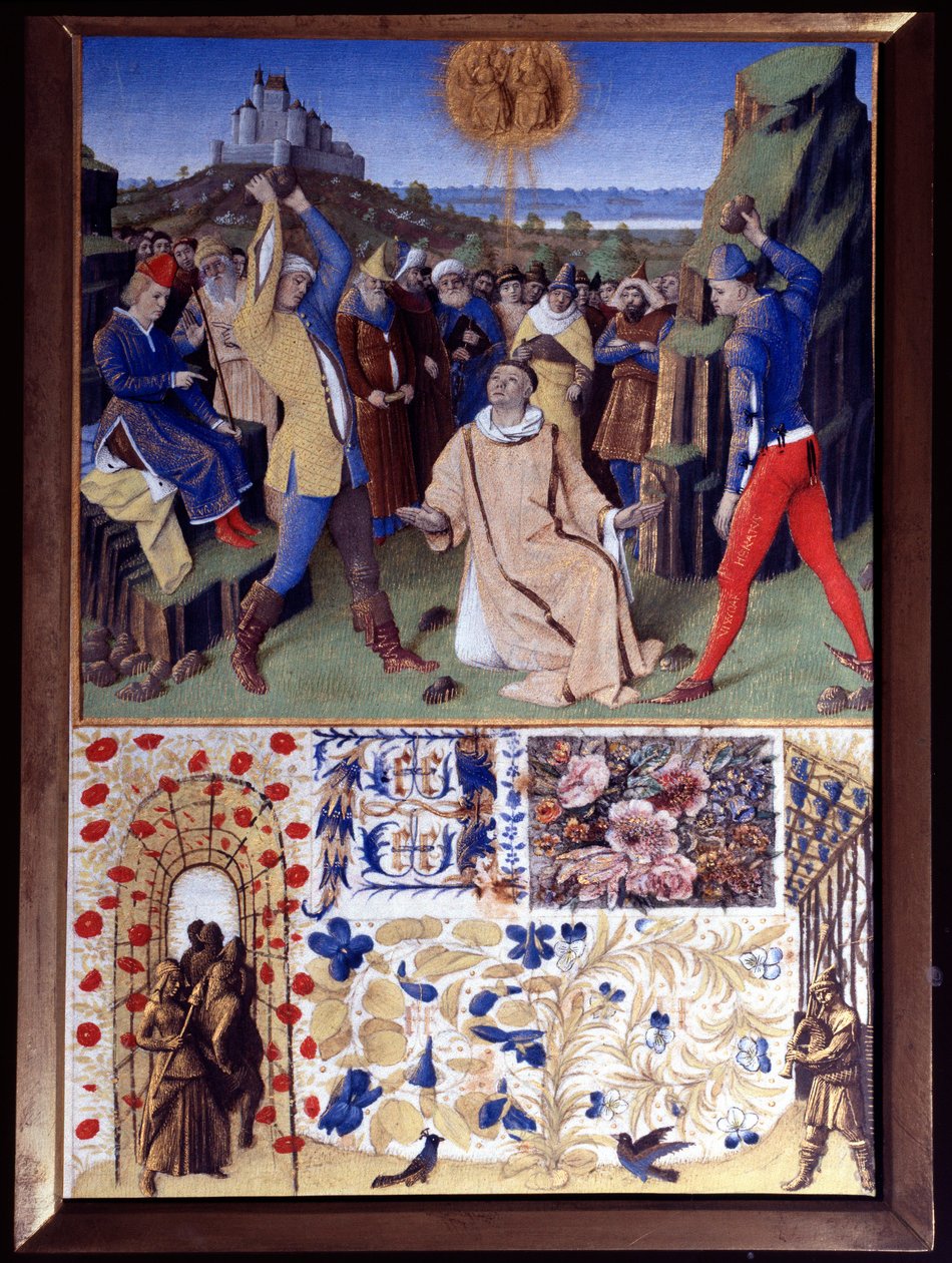 O martírio de Santo Estêvão por apedrejamento Miniatura tirada do "Livro de Horas de Etienne Chevalier" de Jean Fouquet (1420-1477/1481) de Jean Fouquet