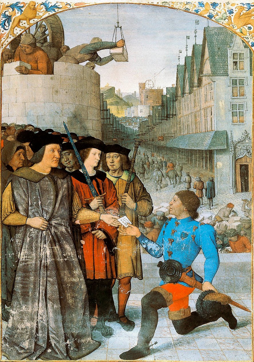 Visconde de Rochechouart a receber um mensageiro real. Miniatura de Jean Fouquet (1420-1481) de "The Great Chronicles of France". 1455-1460 de Jean Fouquet