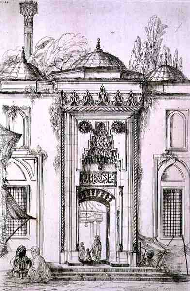 Entrada na Mesquita do Bayazid II, em Constantinopla, de "Arte e Indústria", publicado por Delatre, Paris de Jean Francois (after) Albanis de Beaumont