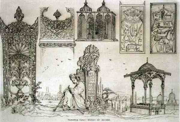 Exemplos de tumbas turcas, árabes e persas, de "Art and Industry", publicado por Delatre, Paris de Jean Francois (after) Albanis de Beaumont