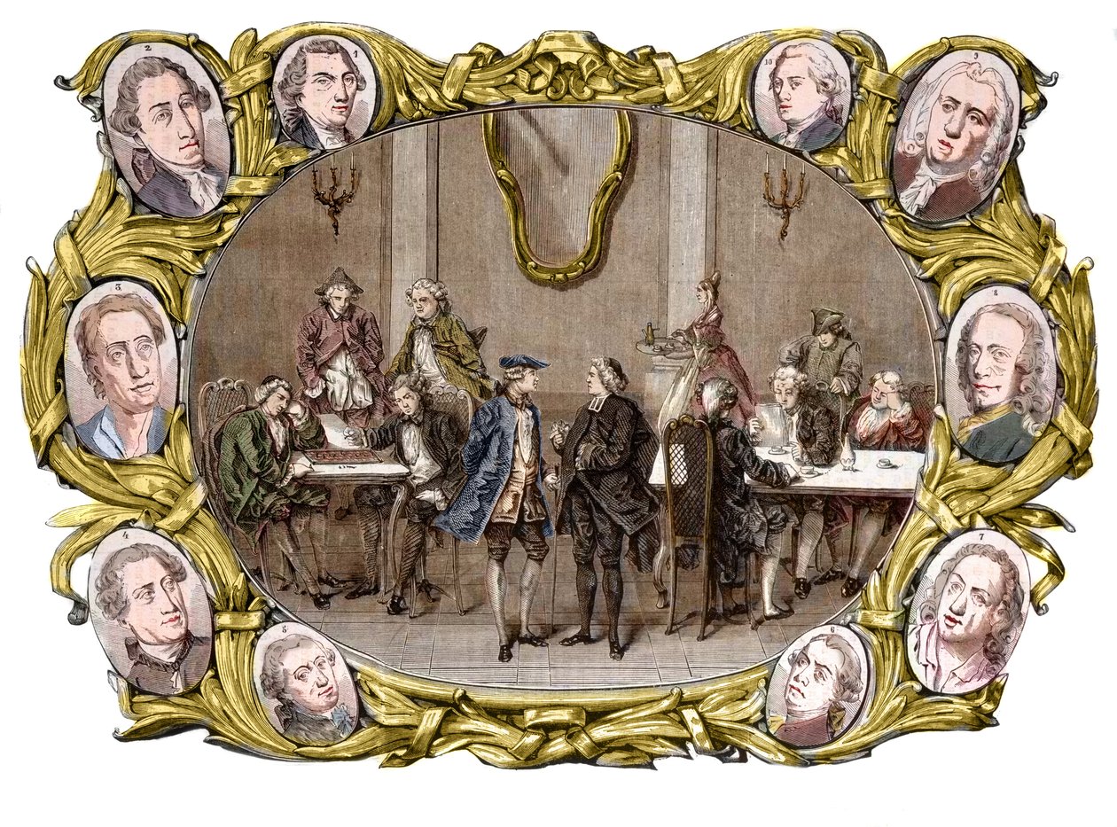 Paris - O café "Procope" no século XVIII, da direita para a esquerda, nos medalhões, Georges Louis Leclerc, Comte de Buffon, Nicolas Joseph Florent Gilbert, Denis Diderot, Jean le Rond d