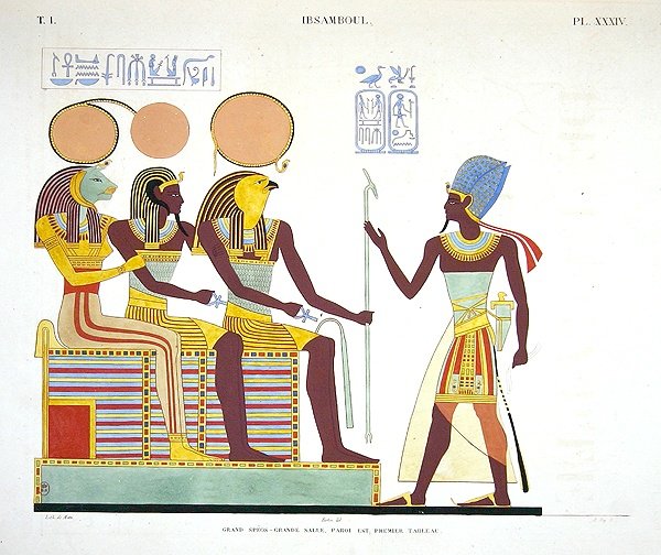 Fresco de Ibsambul retratando Ramesses II de frente (l a r) Sekhmet, possivelmente uma deificação de Ramesses II e Re-horakhty de Jean Francois Champollion