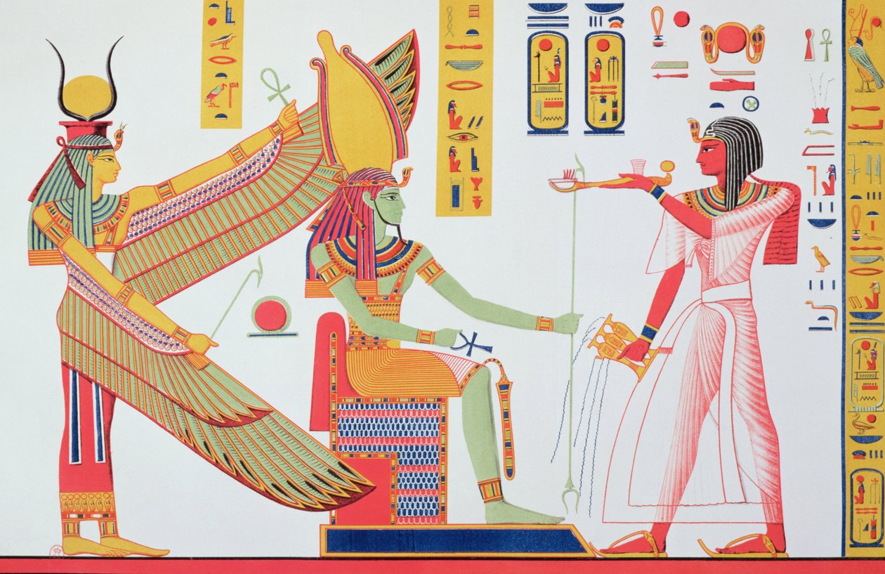 Ramesses IV (1153-1147 aC) oferecendo incenso para Isis e Amon-Re, sentado em um trono, cópia de uma pintura de parede de seu túmulo no Vale dos Reis, placa 260 de Monuments dEgypte por Jean-François de Jean Francois Champollion